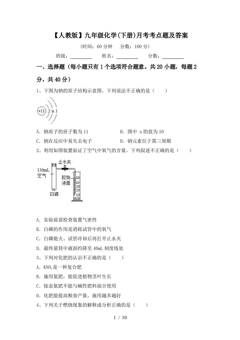 人教版九年级化学下册月考考点题及答案