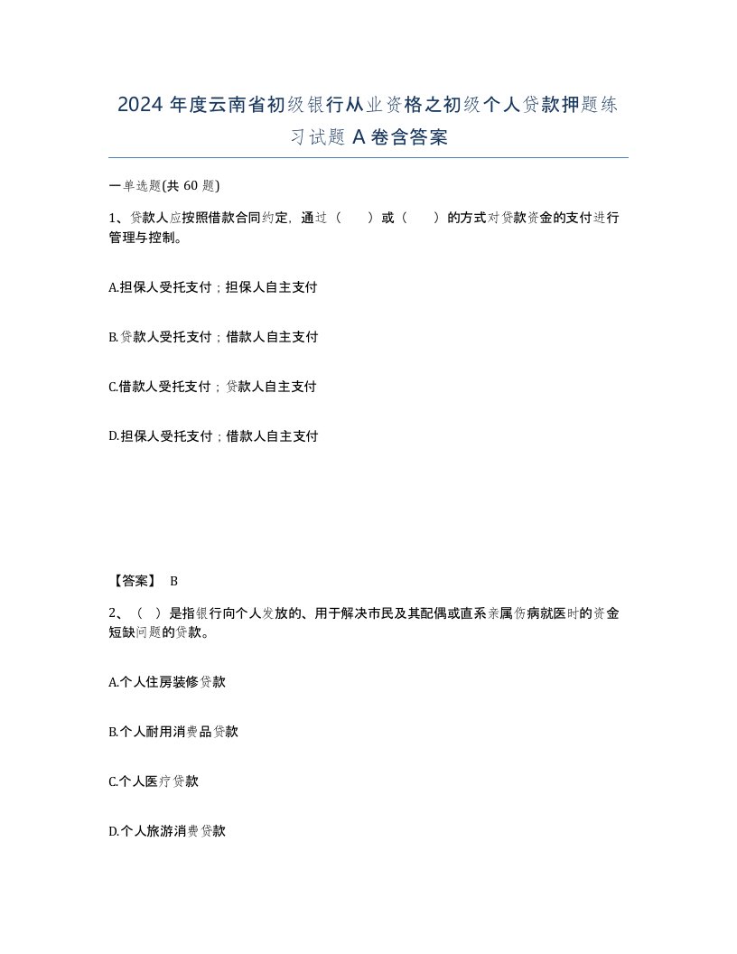 2024年度云南省初级银行从业资格之初级个人贷款押题练习试题A卷含答案