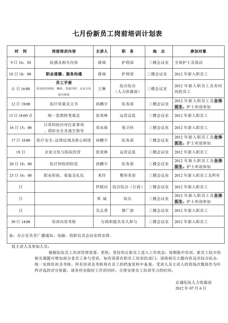 新员工岗前培训计划表(1)