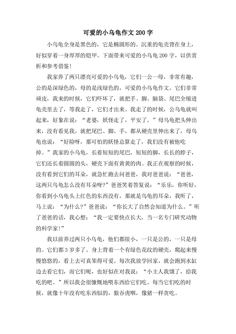 可爱的小乌龟作文200字