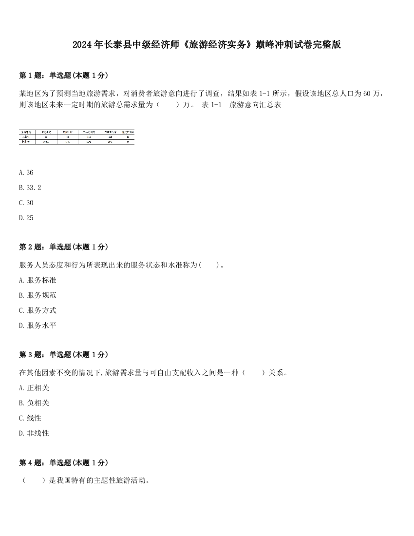 2024年长泰县中级经济师《旅游经济实务》巅峰冲刺试卷完整版