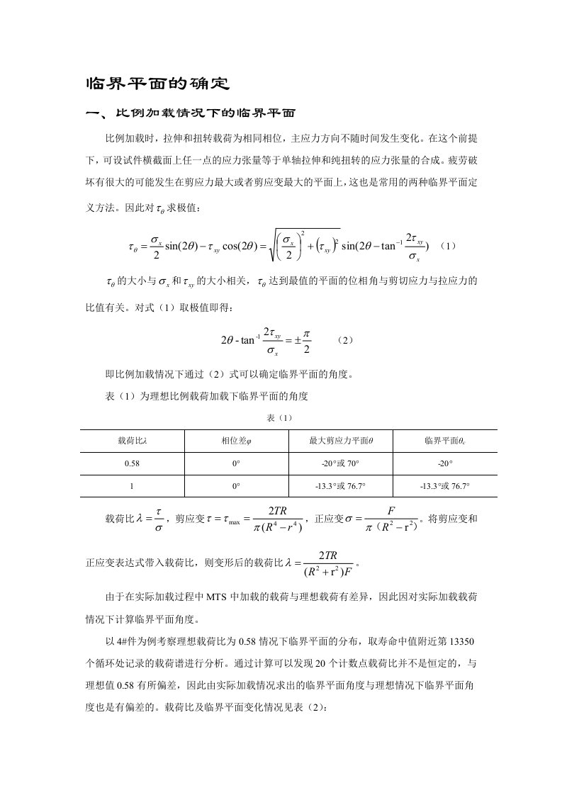 临界平面的确定(理想与实际载荷对比)