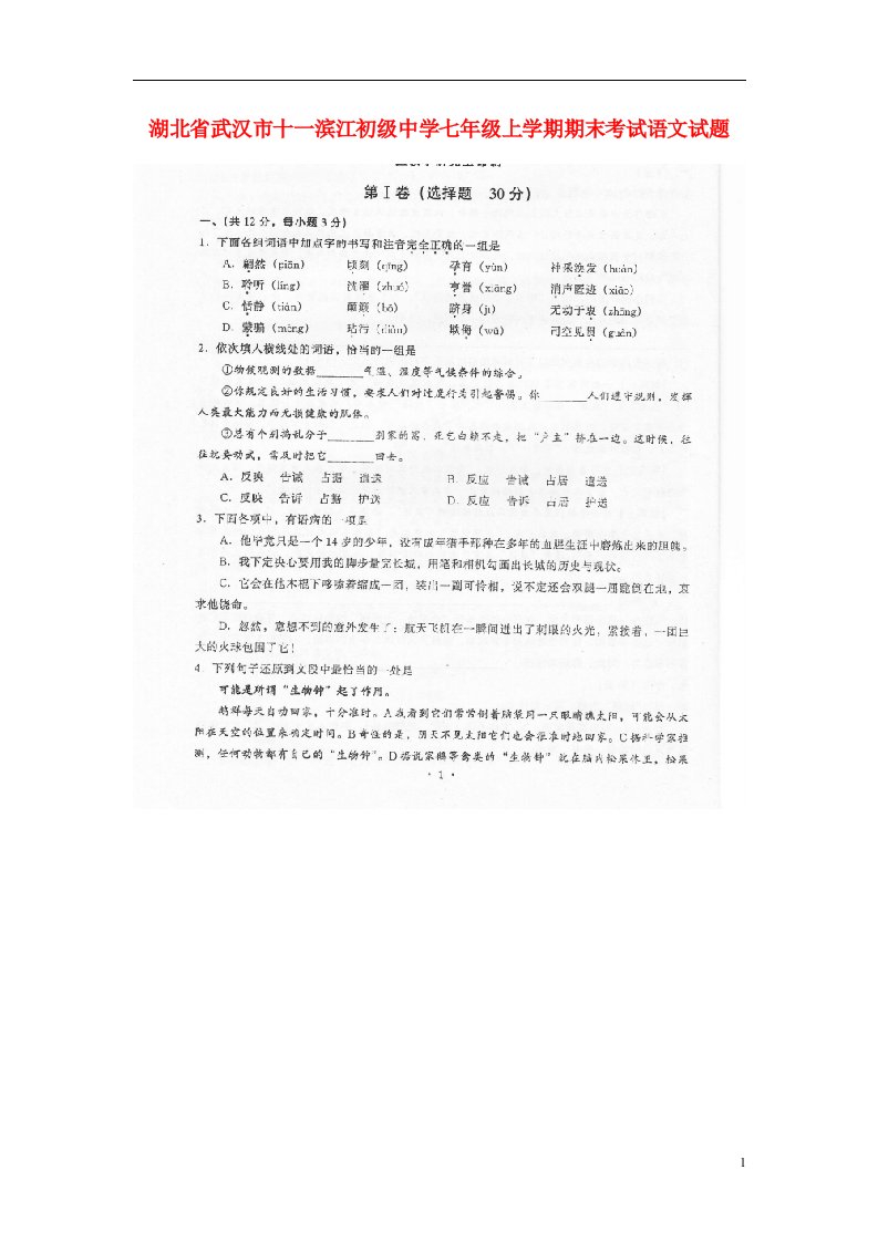 湖北省武汉市十一滨江初级中学七级语文上学期期末考试试题（扫描版，无答案）