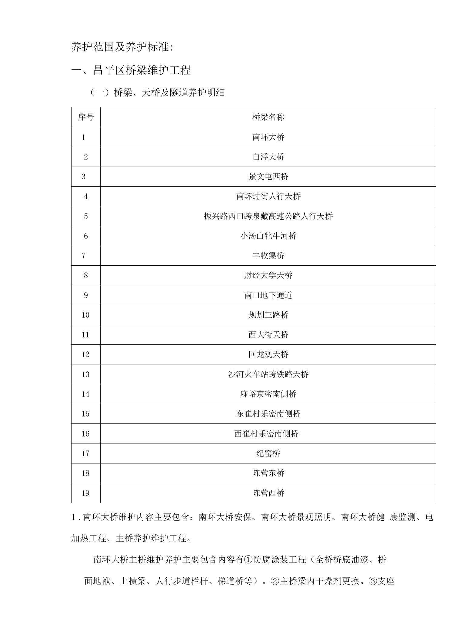 养护范围及养护标准昌平区桥梁维护工程一桥梁、天桥及隧道养护明细