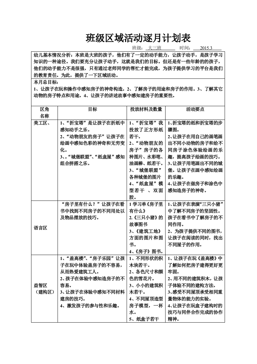 班级区域活动逐3月计划表