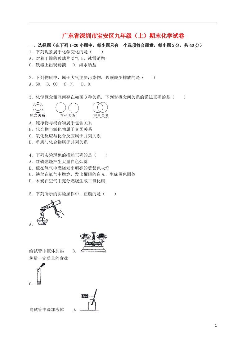 广东省深圳市宝安区九级化学上学期期末试题（含解析）