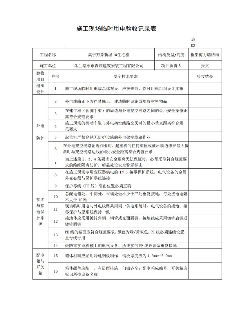 施工现场临时用电验收记录表