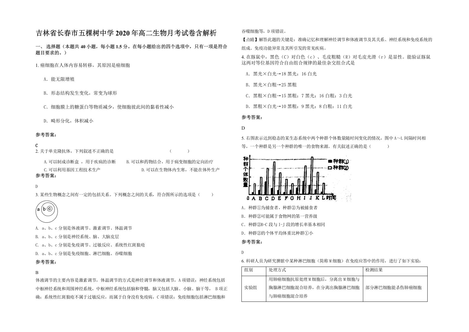 吉林省长春市五棵树中学2020年高二生物月考试卷含解析