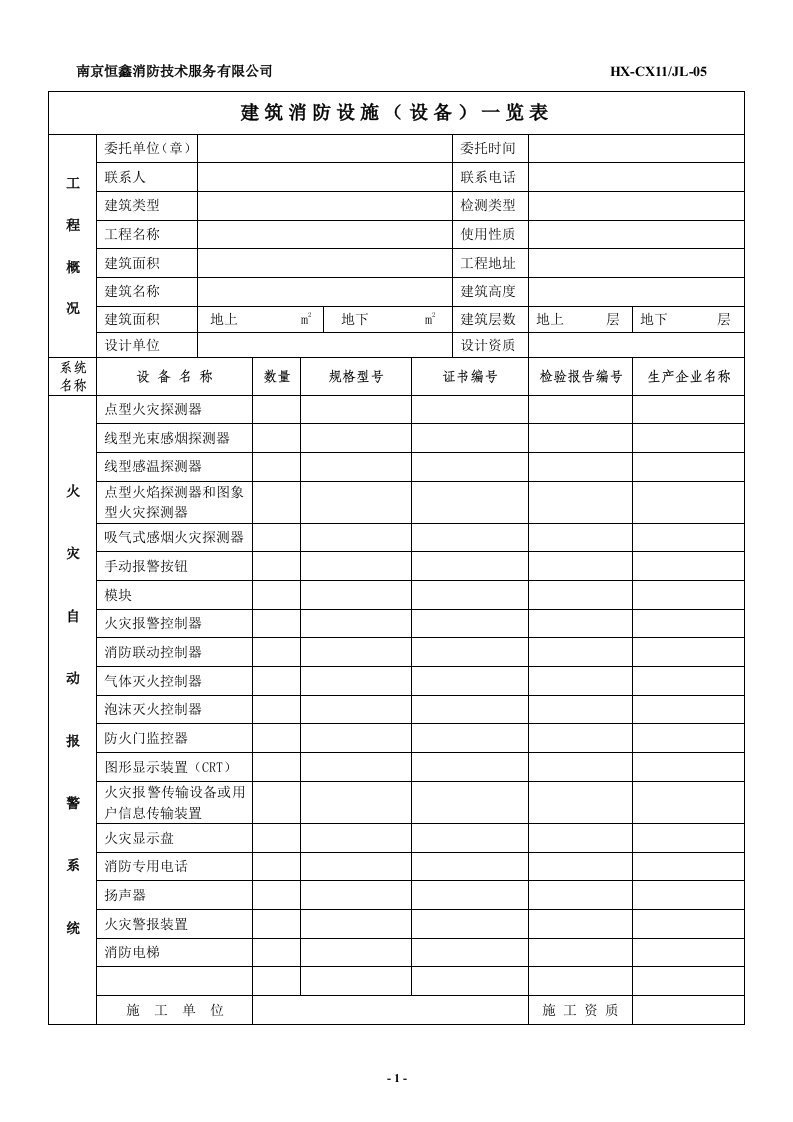 建筑消防设施一览表