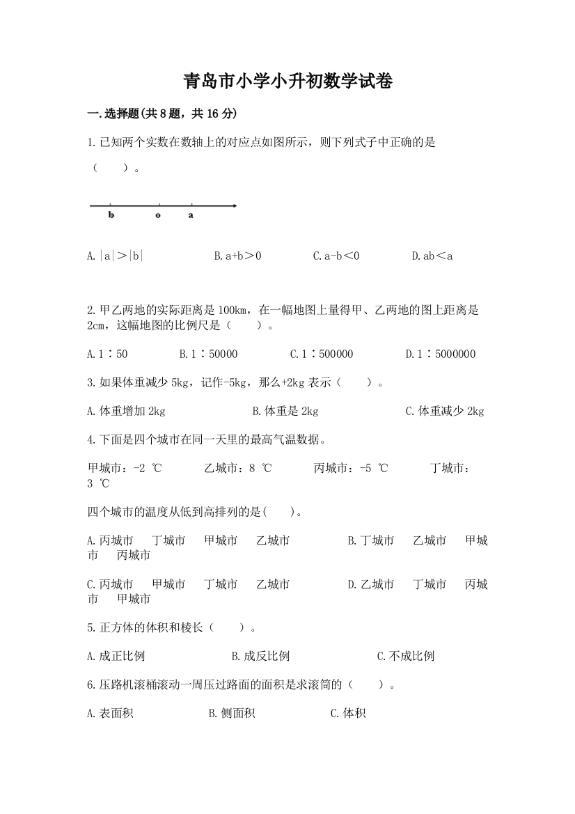 青岛市小学小升初数学试卷（基础题）