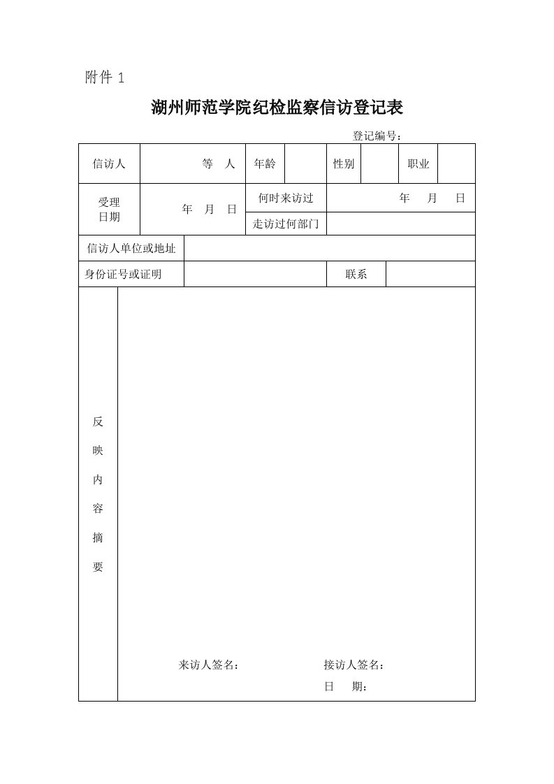 湖州师范学院纪检监察信访登记表