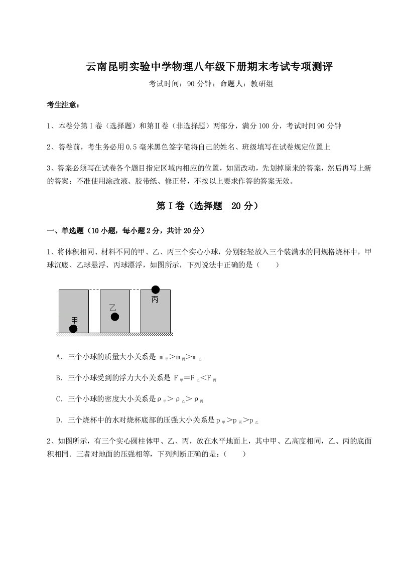 强化训练云南昆明实验中学物理八年级下册期末考试专项测评试题（含详解）