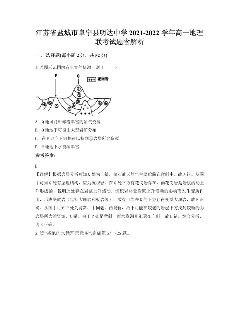 江苏省盐城市阜宁县明达中学2021-2022学年高一地理联考试题含解析