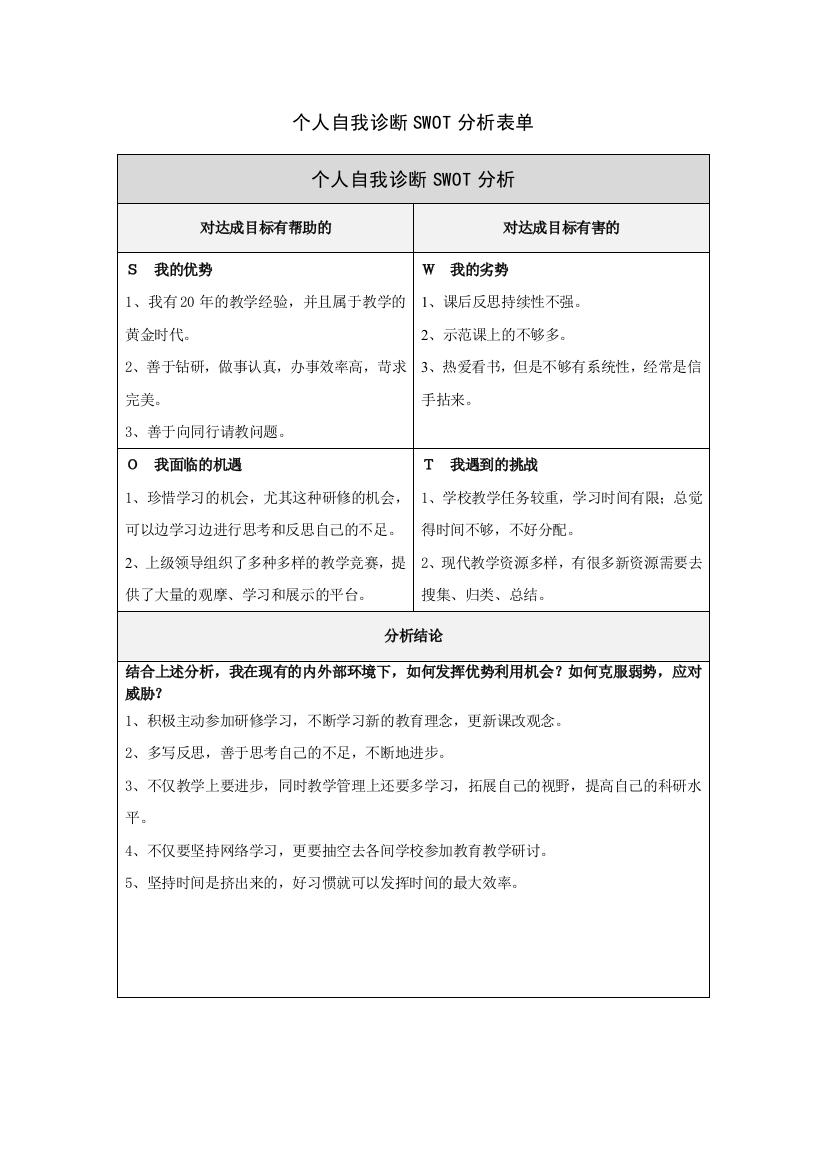 镇安小学钟万莲第一步骤所需文档：个人自我诊断SWOT分析表