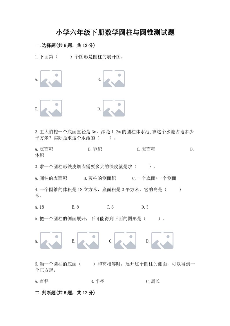 小学六年级下册数学圆柱与圆锥测试题精品（典型题）