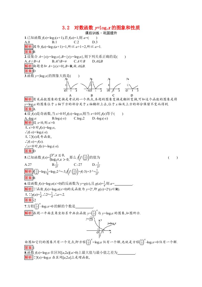 2021_2022学年新教材高中数学第4章对数运算与对数函数3.2对数函数y=log2x的图象和性质课后训练巩固提升含解析北师大版必修第一册20210604240