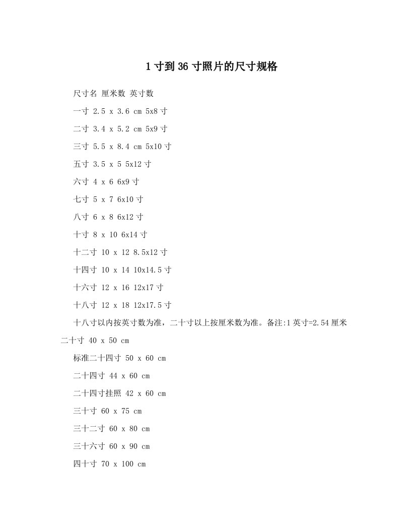 icqAAA1寸到36寸照片的尺寸规格