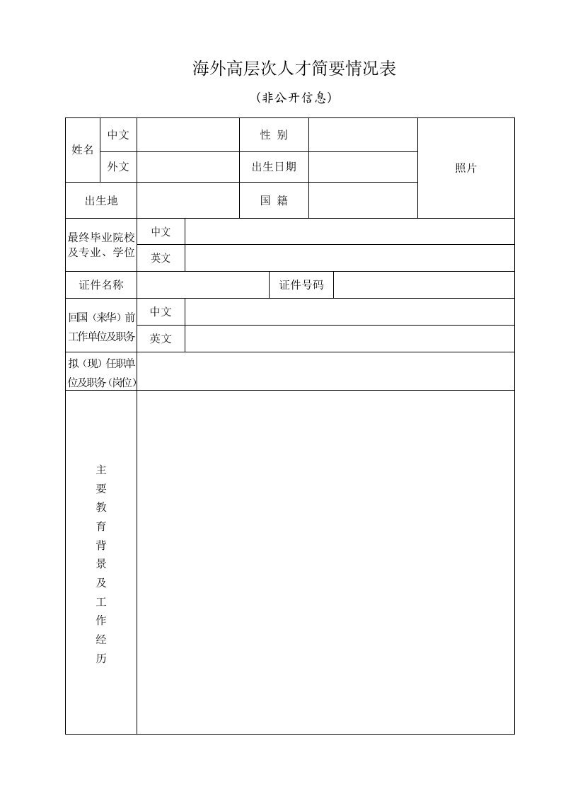 海外高层次人才简要情况表