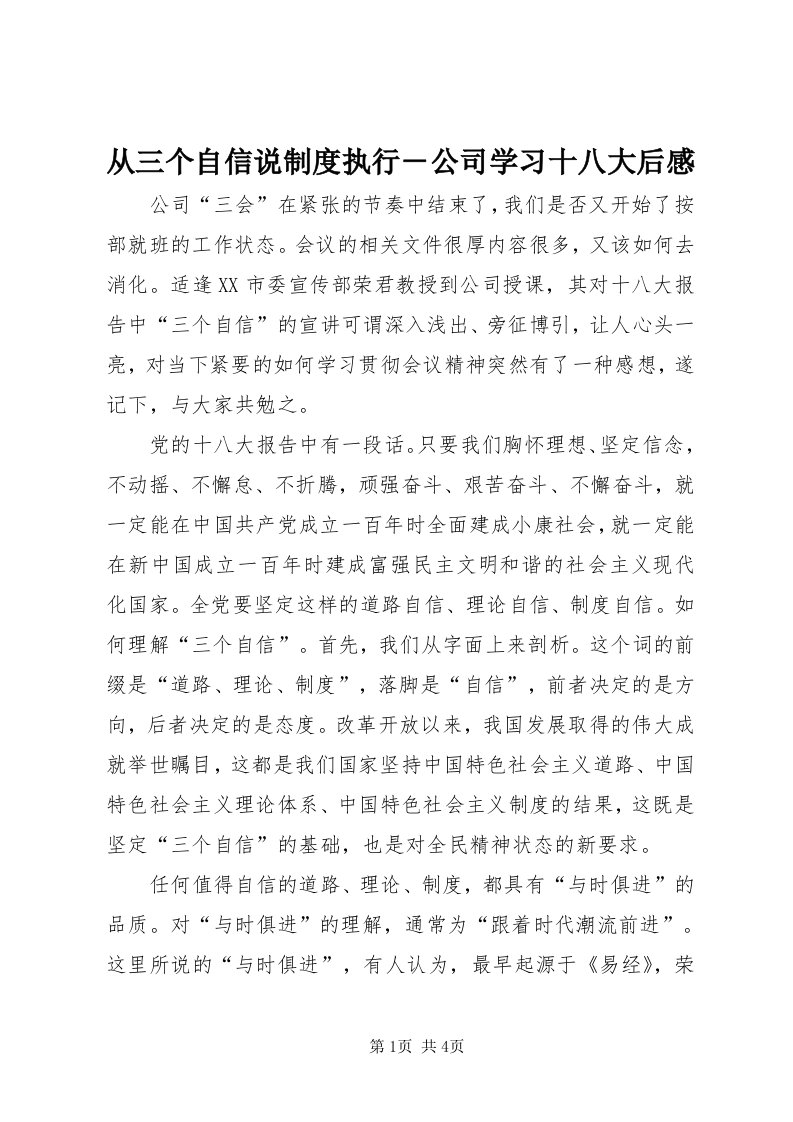 从三个自信说制度执行－公司学习十八大后感