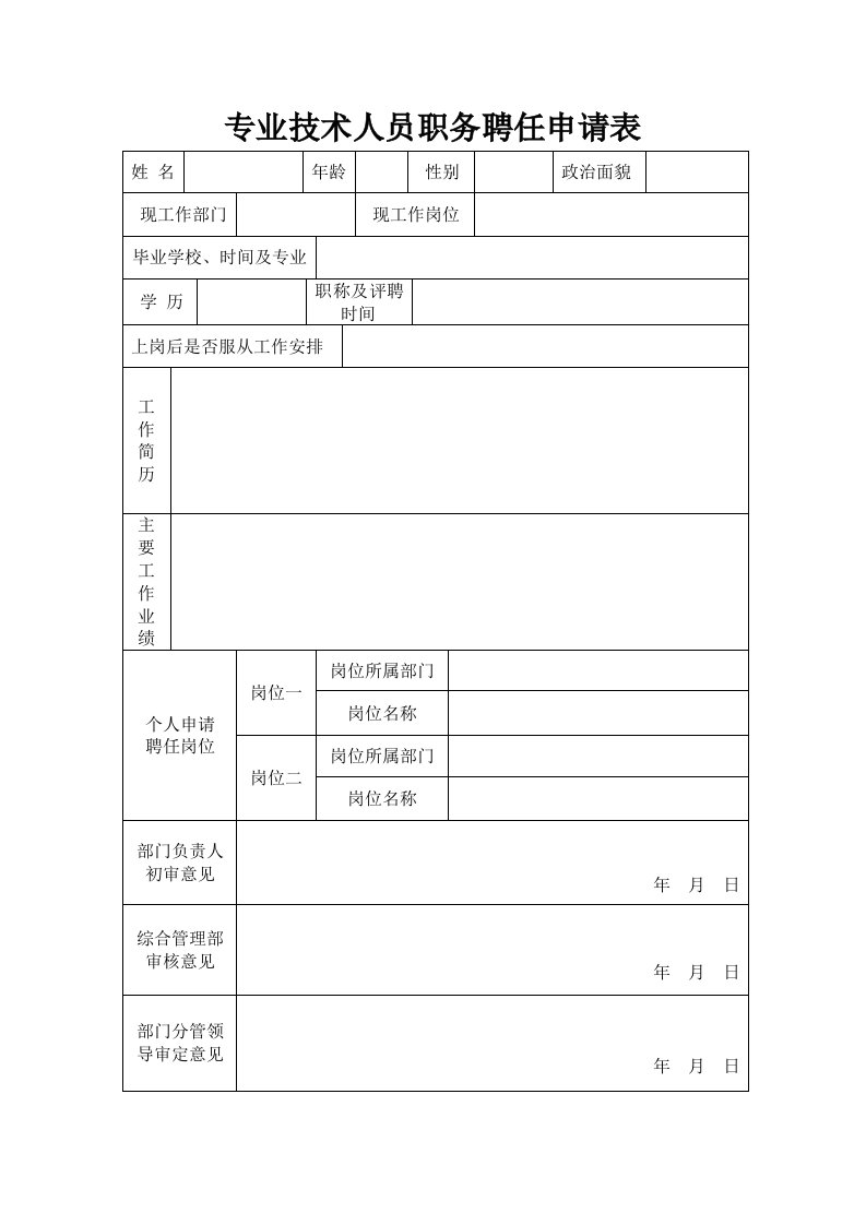 专业技术人员职务聘任申请表