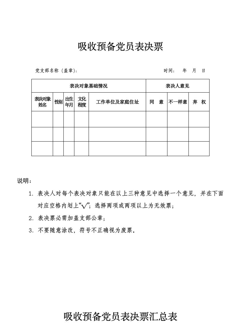 表决票格式样本