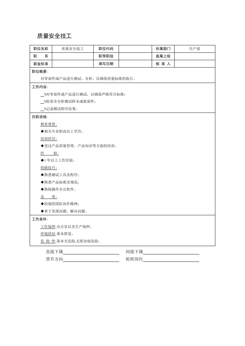 质量安全技工职位说明书