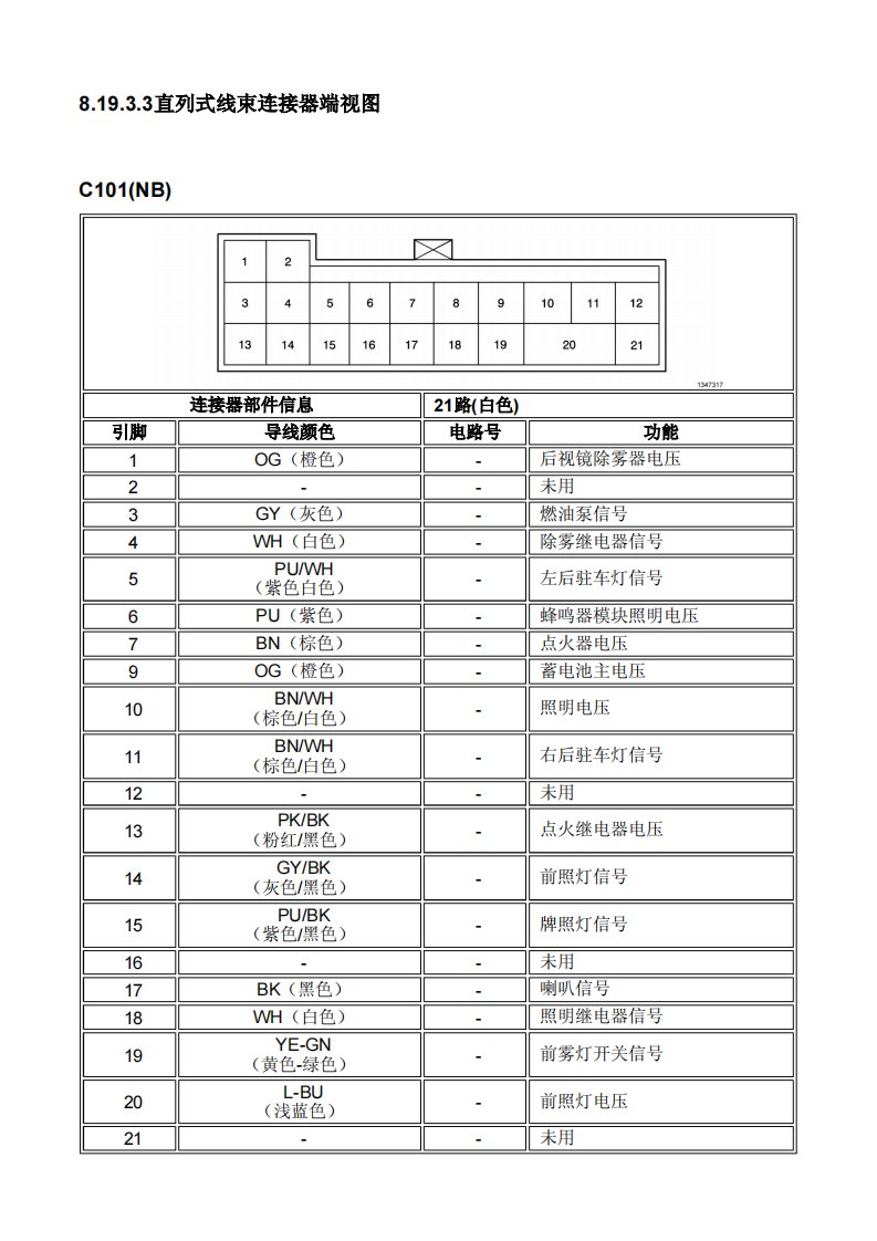 2012别克凯越电路图8.19.3.3直列式线束连接器端视图