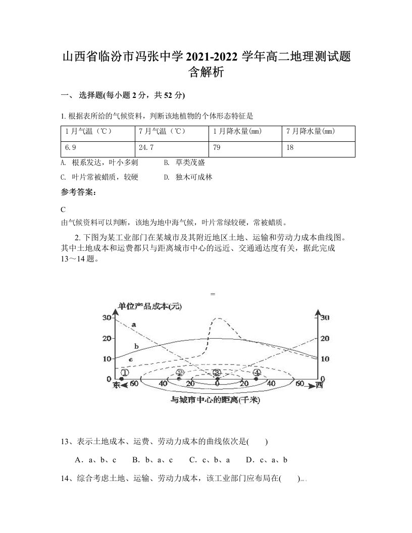 山西省临汾市冯张中学2021-2022学年高二地理测试题含解析