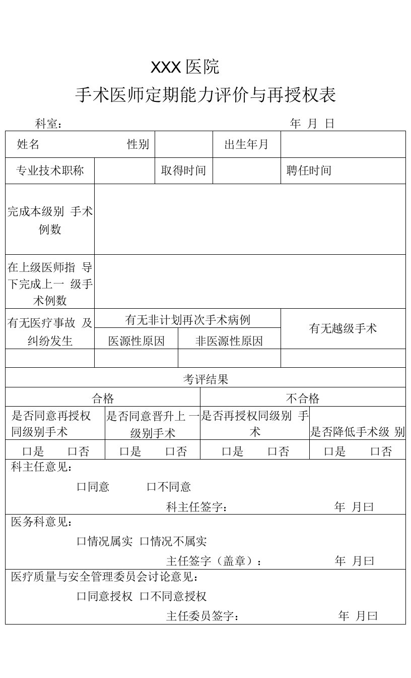 手术医师定期能力评价和再授权表