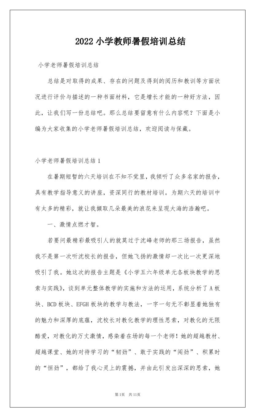 2022小学教师暑假培训总结