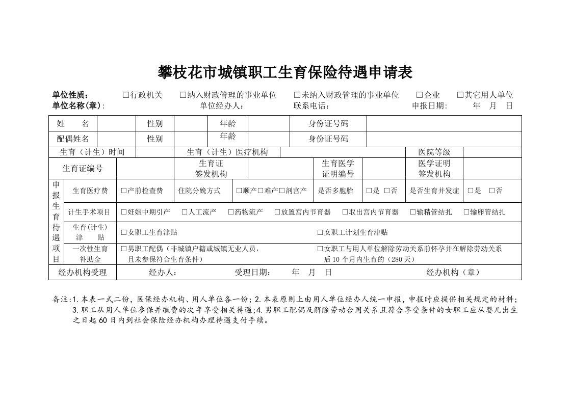 攀枝花市城镇职工生育保险待遇申请表