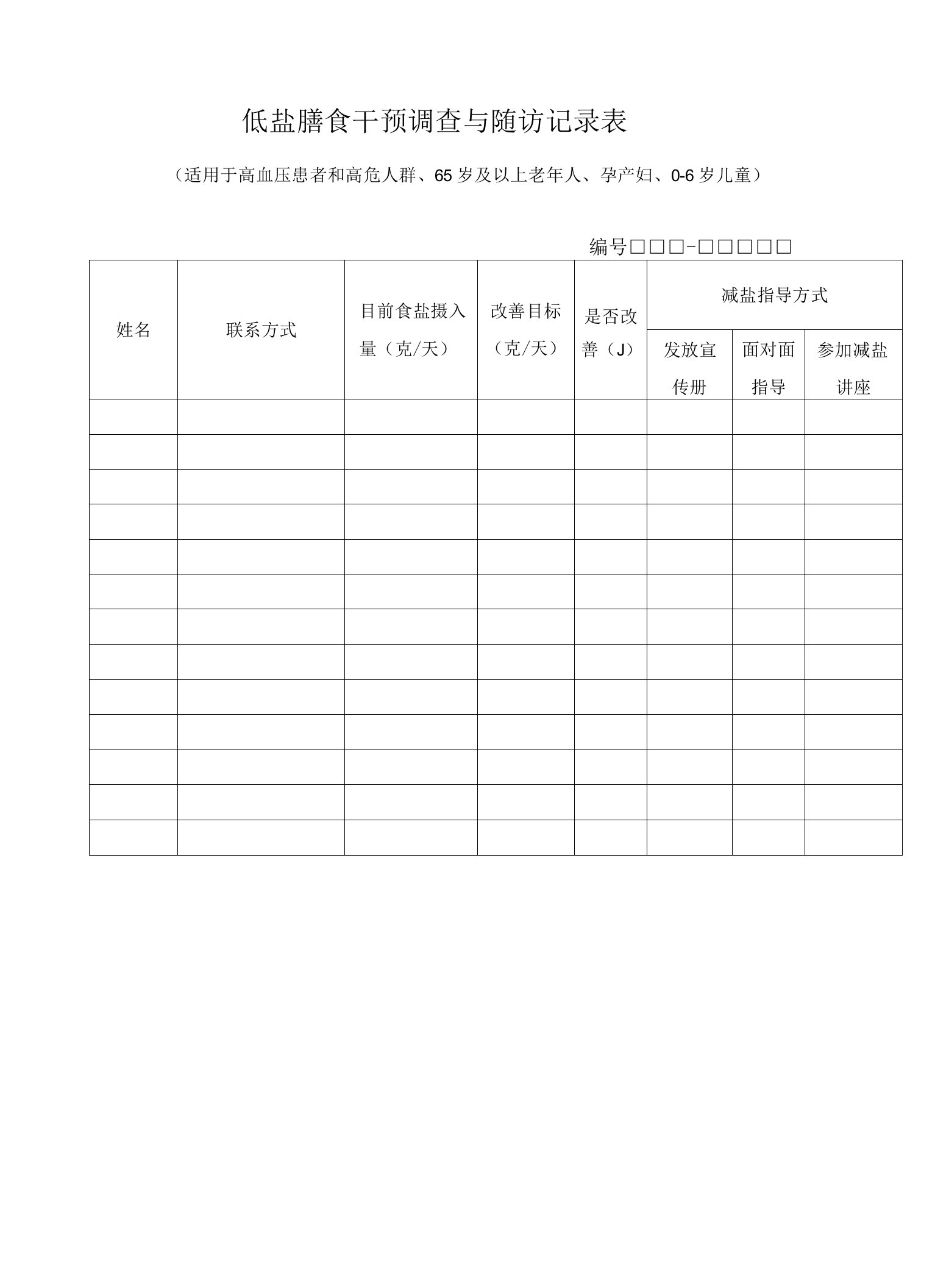 低盐膳食指导记录表(重点人群和小型餐饮单位)