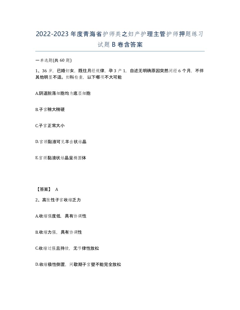 2022-2023年度青海省护师类之妇产护理主管护师押题练习试题B卷含答案