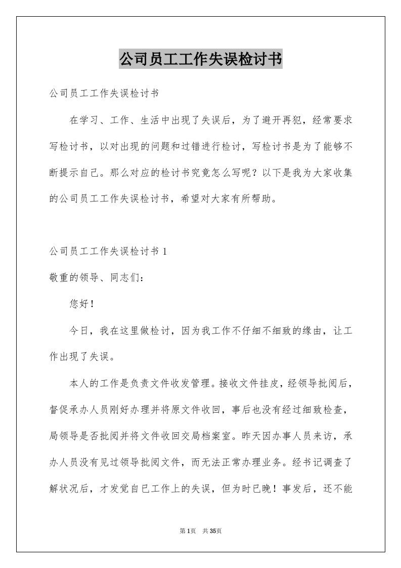 公司员工工作失误检讨书精选