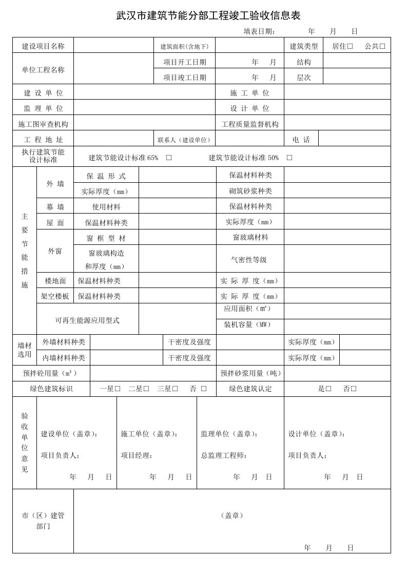 武汉建筑节能分部工程竣工验收信息表