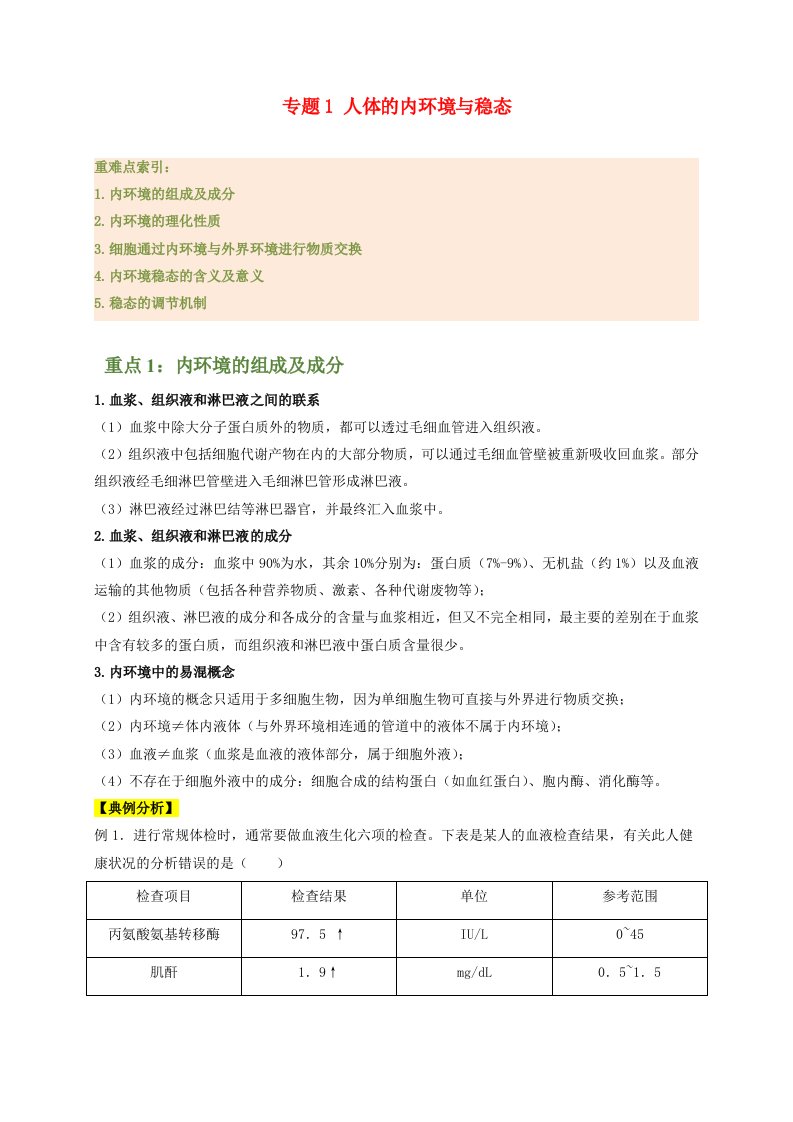 2023_2024学年高二生物期末复习重难点突破专题1人体的内环境与稳态学生版新人教版选择性必修1