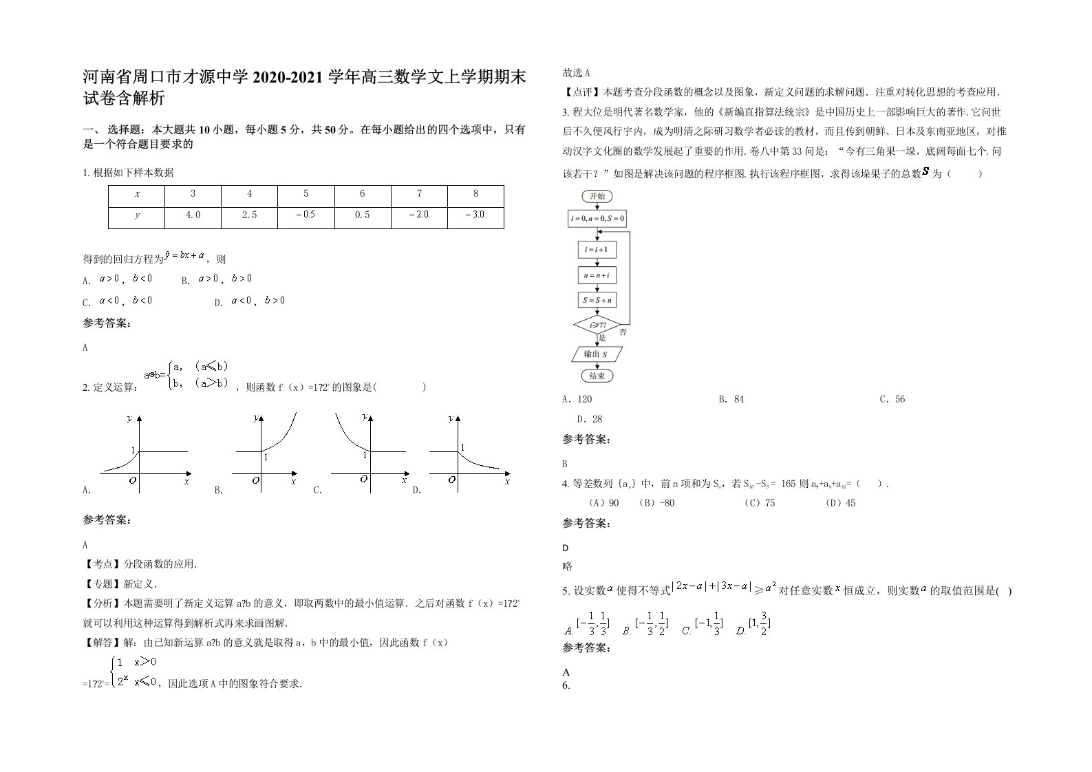 河南省周口市才源中学2020-2021学年高三数学文上学期期末试卷含解析