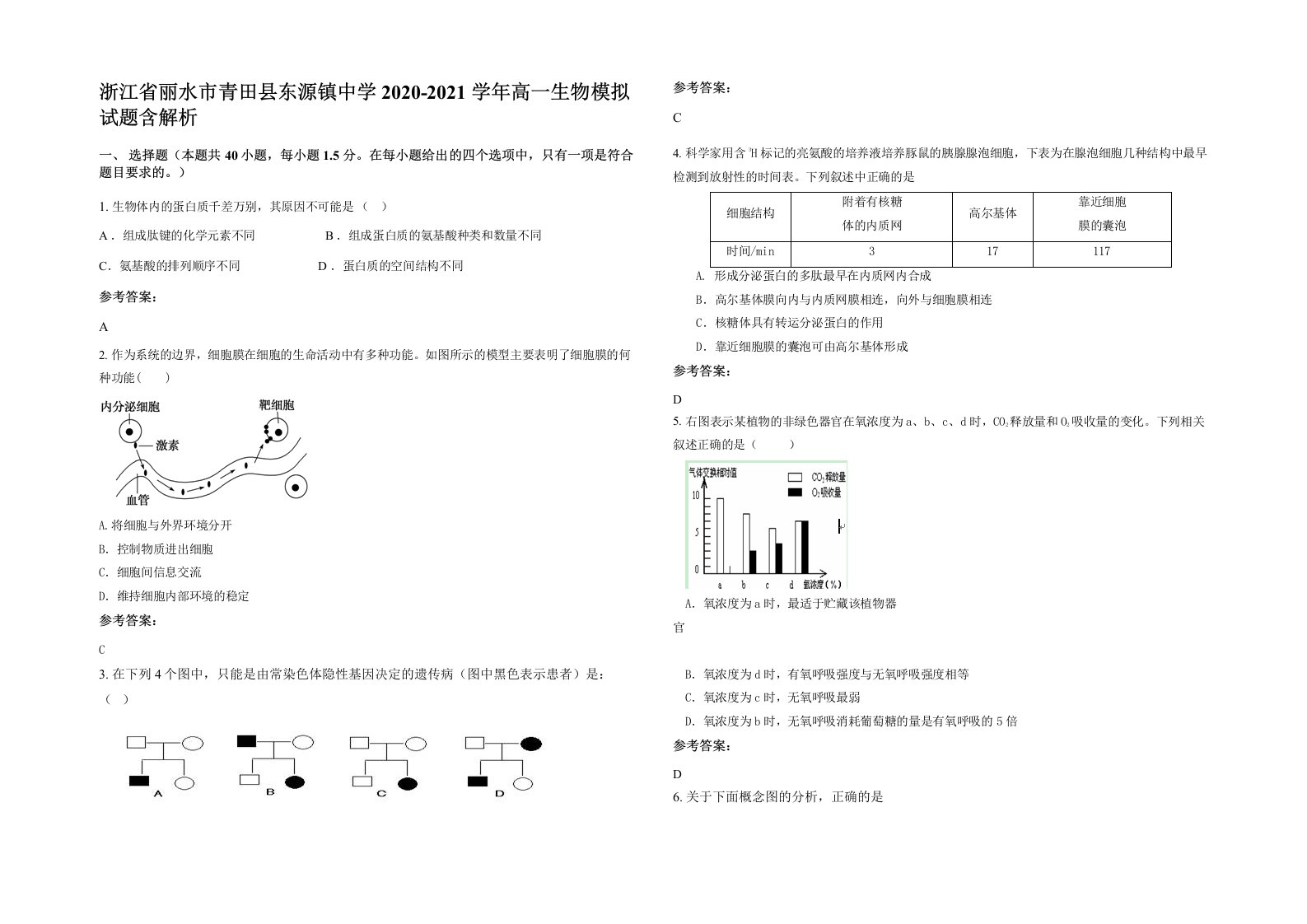 浙江省丽水市青田县东源镇中学2020-2021学年高一生物模拟试题含解析