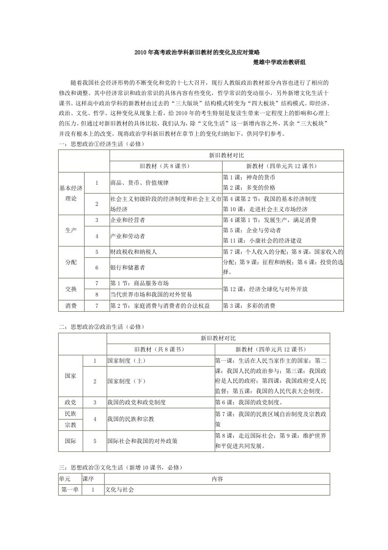 政治学科新旧教材对比