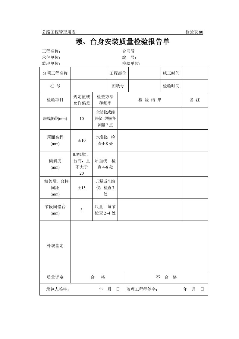 公路工程管理用表范本-墩、台身安装质量检验报告单