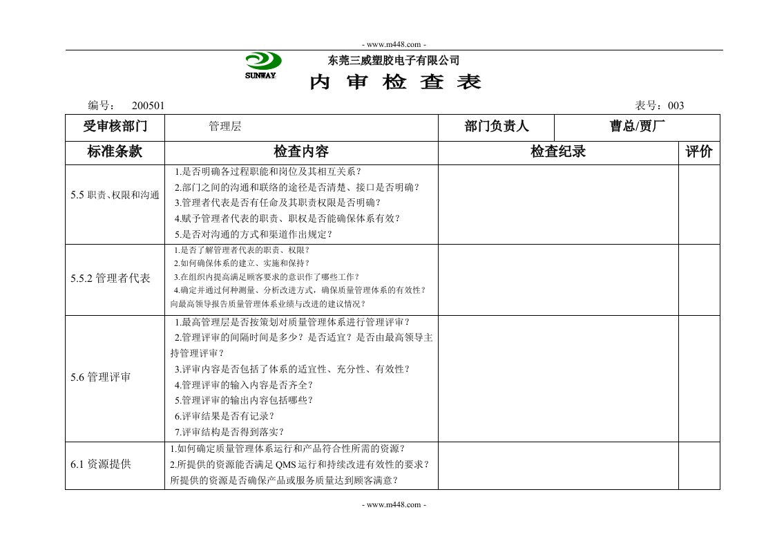 《某塑胶电子公司质量内审检查表格全套》(18个文件)003内审检查表(管理层)-质量制度表格