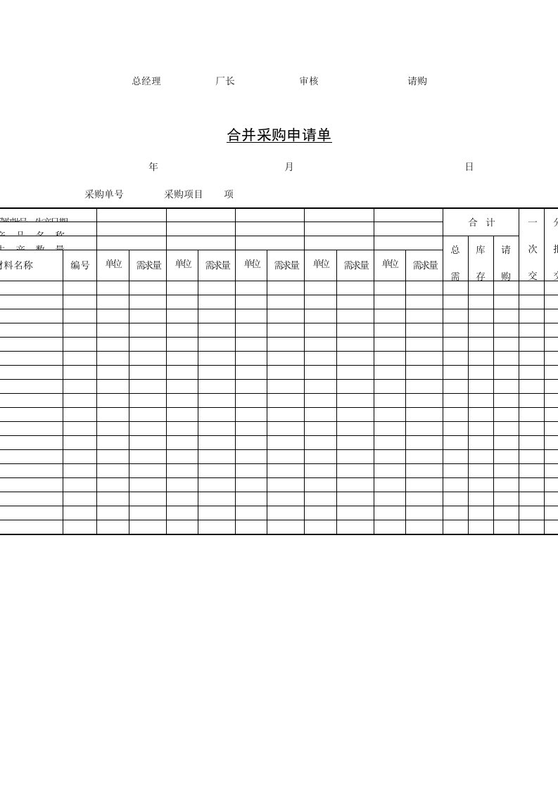 企业合并采购申请单