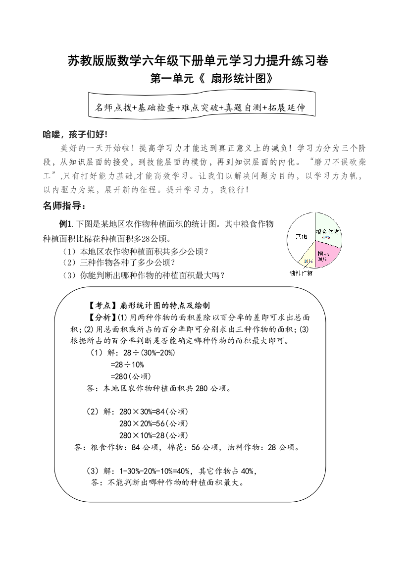 苏教版数学六年级下册第一单元扇形统计图学习力提升练习卷含答案