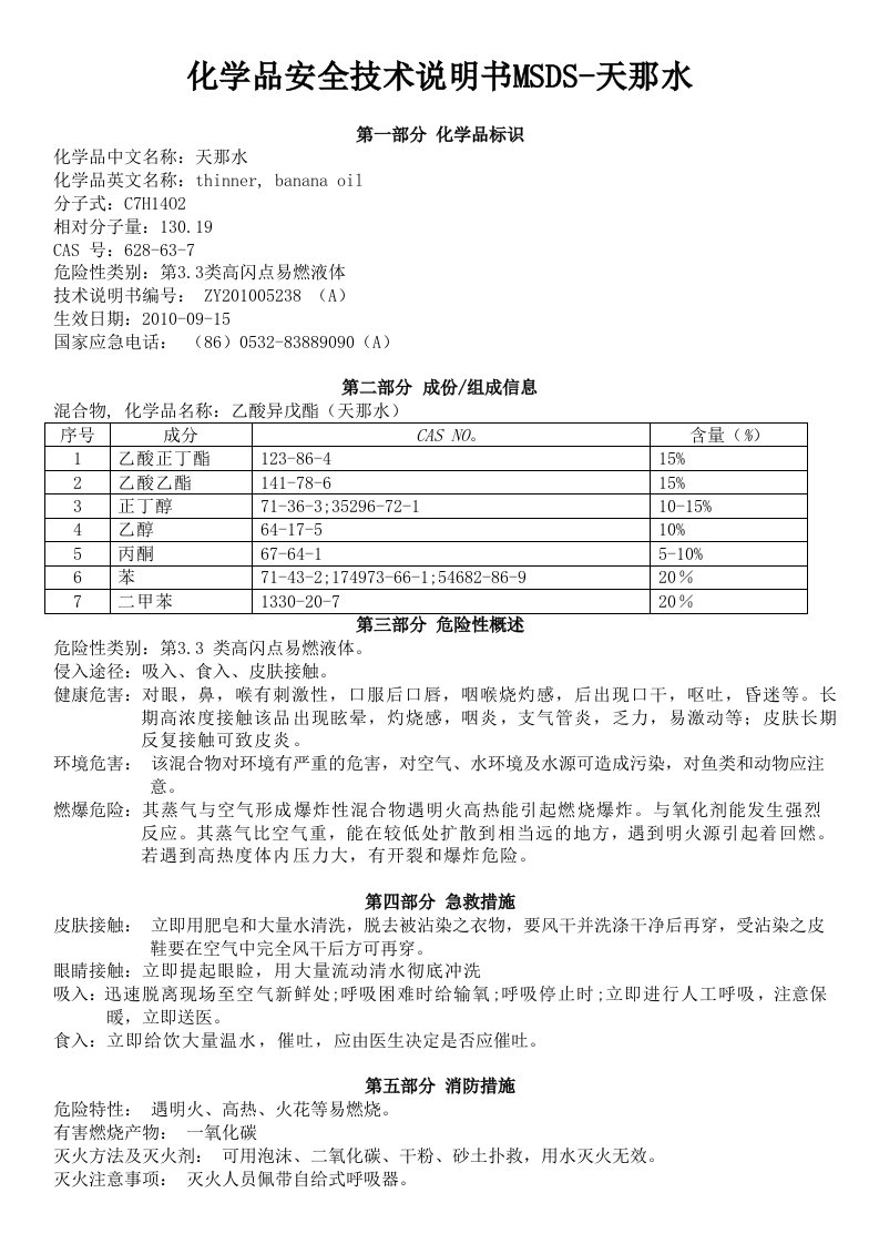 化学品安全技术说明书MSDS天那水