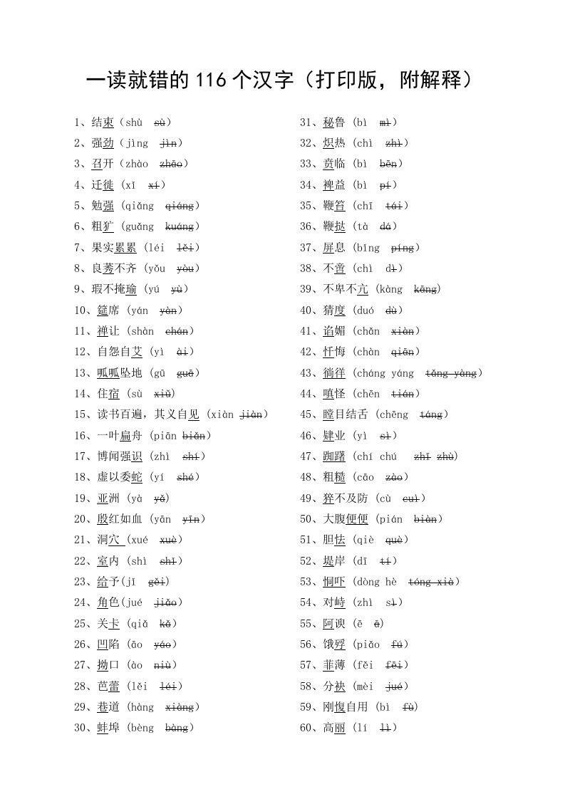 一读就错的116个汉字(精排打印版,附解释)