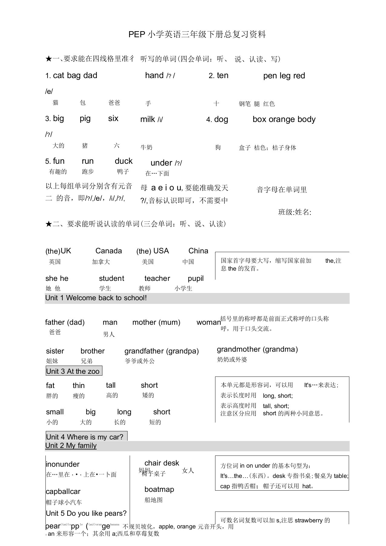 新PEP2小学英语三年级下册总复习资料