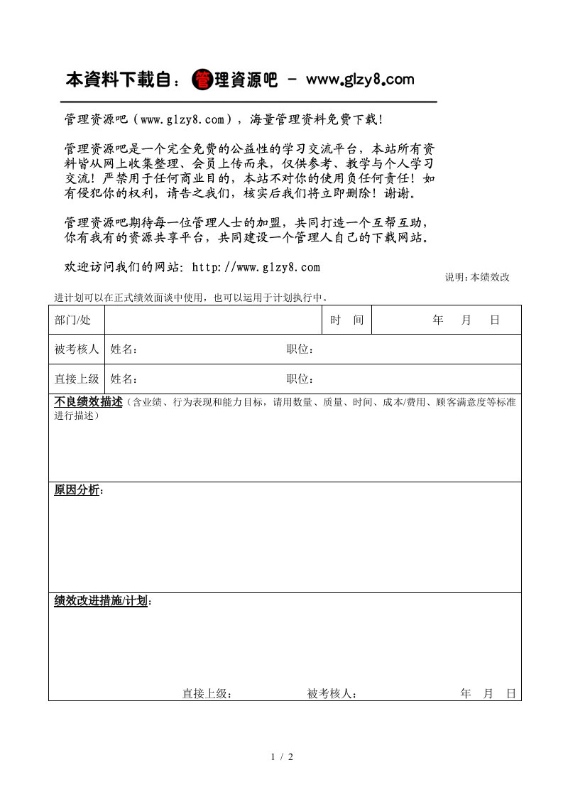 附件4：绩效改进计划