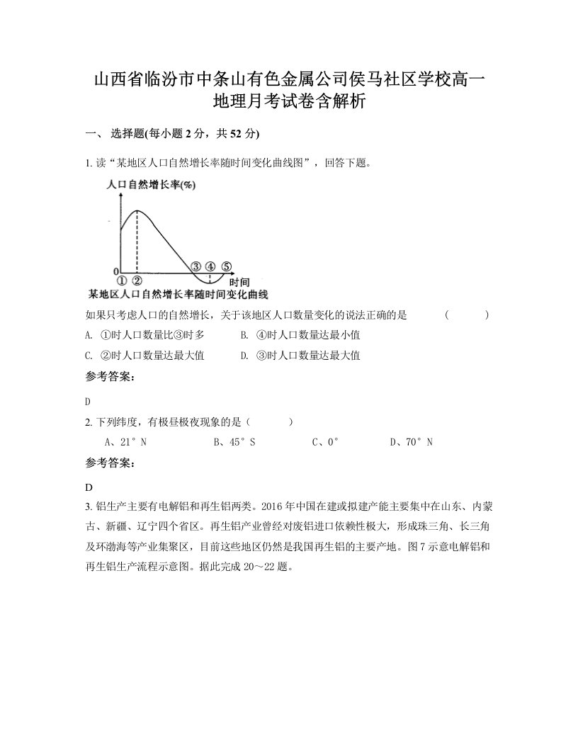 山西省临汾市中条山有色金属公司侯马社区学校高一地理月考试卷含解析