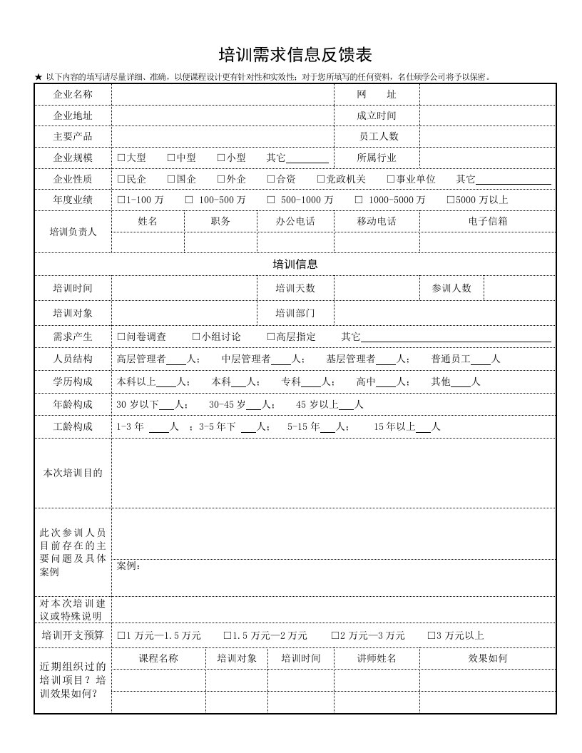 表格模板-培训需求信息反馈表培训需求调查表