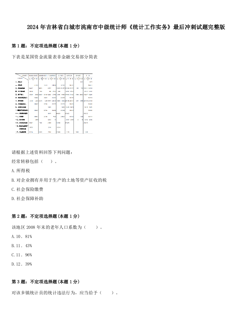 2024年吉林省白城市洮南市中级统计师《统计工作实务》最后冲刺试题完整版